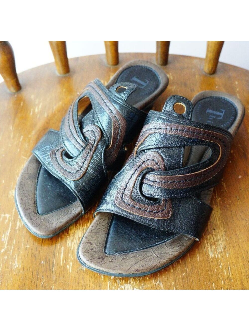 Think! Black and Brown Leather Slide Sandals Size 38